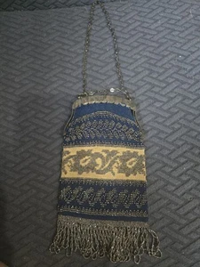 Antique Art Deco Glass Beaded Evening Bag Ribbon Drawstring Fringed Flapper - Picture 1 of 4