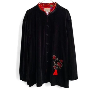 Y2K Susan Graver 2X Black Velvet Embroidered Frog Button Jacket Mandarin Collar - Picture 1 of 7