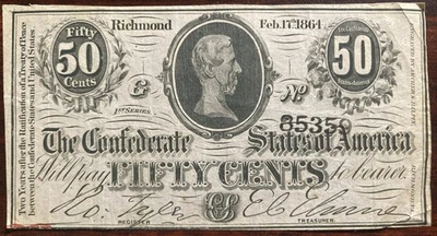 Confederate States of America currency-50 cent-1864-T-72, serial #85359-Vintage - Image 1 of 2