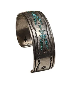 Vintage Crushed Turquoise Sterling Silver Design Navajo Cuff Bracelet - Cross Em - Picture 1 of 9