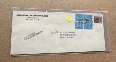 US Prexy Reg Cover (D20) +1945 Bi-Color#812+809BLK4=27C +Am President Lines - Image 1 of 2