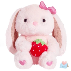 Easter Bunny Rabbit Plush Stuffed Animals Pink Plushie Floppy Ear with Strawb... - Picture 1 of 6