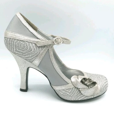 Ruby Shoo "Bella" Silver Brocade Ladies High Heel Mary Jane Shoes UK 7 EU 40 - Image 1 of 4