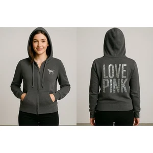 VTG PINK Victoria’s Secret Hoodie XS Gray Zip Sequin LOVE PINK Dog Logo Y2K - Picture 1 of 9