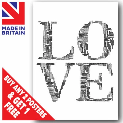 Impresión de póster arte de pared palabras tipografía palabra de amor tamaños A3 A4 A5 laminado Foto 1 de 2