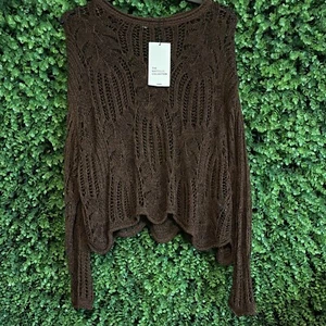 ZARA Knitwear Textured Weave Open Knit Cardigan Brown Medium NWT - Picture 1 of 6