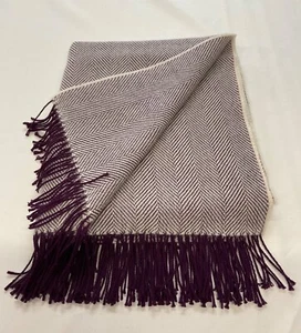 PURE WOOL Fringed Throw/Blanket/UK WOVEN. Purple/Natural Herringbone . Free P+P - Picture 1 of 1