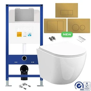 Rimless Wall Hung Toilet Pan & Seat with 1.10m Concealed Cistern Frame WC Unit - Picture 1 of 14