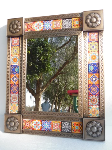 PUNCHED TIN MIRROR mixed talavera tile mexican ethnic hand made folk art Cover