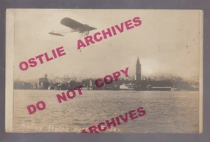 San Francisco CALIFORNIA RPPC c1910 BLEIROT MONOPLANE Flying Over BAY Airplane - Picture 1 of 3