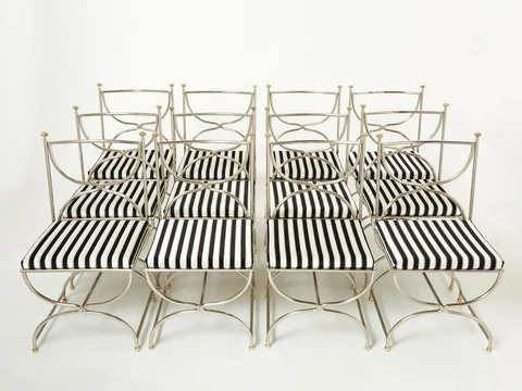Set of twelve steel brass velvet curule chairs by Maison Jansen 1960s Cover
