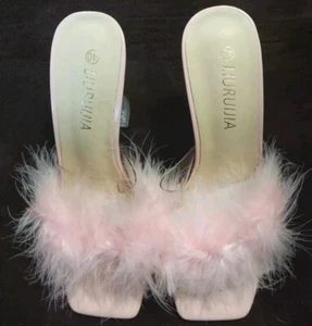 Liuruijia Women's Size 40 (US 10) Sandals Pink Feathers Acrylic Heel Barbie - Picture 1 of 8