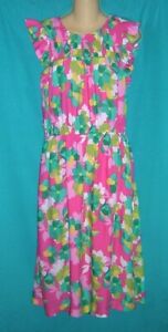DRAPER JAMES Women's FUCHSIA PINK & GREEN Floral Print RAYON Maxi SUN DRESS L