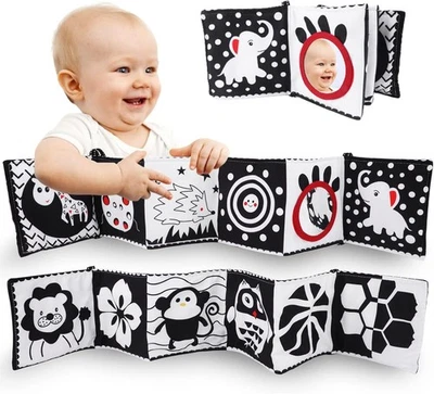 WEYSOO Black and White Sensory Toys, High Contrast Soft Baby Book with Soft Mirror, Do