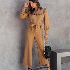 NWT STORIA X Anthropologie NELLIE POCKETED RUFFLE JUMPSUIT CAMEL Medium - Picture 1 of 16