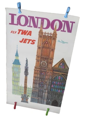De colección Org. Póster de viaje de la aerolínea Europe Fly TWA de la década de 1960 David Klein 25,25"x 39,75 Foto 1 de 4