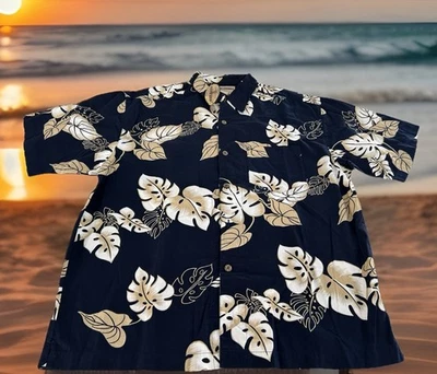 Camisa estilo havaiano High Sierra 100% algodão azul/branco/castanho floral, masculina média - Imagem 1 de 4