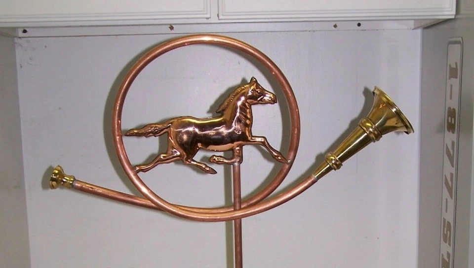 Beautiful copper HORSE & HORN weathervane, TOP ONLY FITS over a 3/8''  top rod - Image 1 of 1