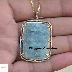 Natural Aquamarine Gemstone Pendant 925 Silver Gold Plated Diamond Jewelry - Picture 1 of 6