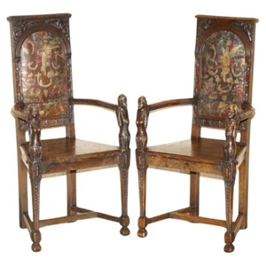 PAIR OF ANTIQUE 1640 CAQUETOIRE CARVED WALNUT POLYCHROME PAINTED ARMCHAIRS - Picture 1 of 24