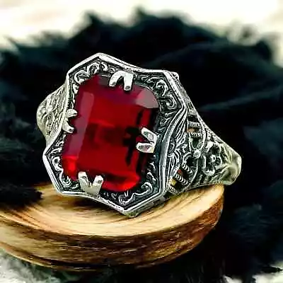 DEEP RED ANTIQUE STYLE 925 STERLING SILVER SIMULATED RUBY FILIGREE RING    #1331 - Image 1 of 4