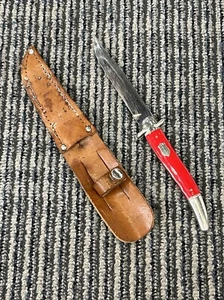 Vintage Imperial USA Fixed Blade Knife Metal Red Handle Leather Sheath - Picture 1 of 17