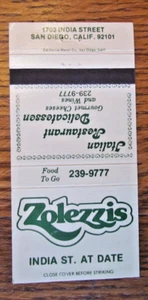 CUBIERTA DE LIBRO DE CERILLAS DE SAN DIEGO, CALIFORNIA: ZOLEZZIS COMIDA ITALIANA CUBIERTA VACÍA DE CERILLAS -C - Imagen 1 de 1
