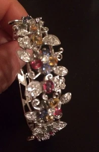 $700 Natural Multi Color Sapphire 92.5 Solid Sterling Silver Bangle Bracelet 7" - Picture 1 of 5