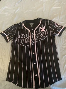 Women’s Playboy Baseball Jersey Size Medium Black Pink Bunny Button Up EUC - Picture 1 of 6