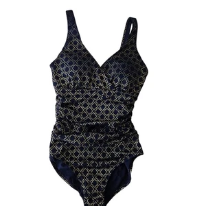 Boden One Piece Swimsuit Womens 6 Navy Blue Gold Ruched Preppy Vacation Travel - Picture 1 of 8