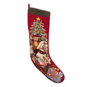 Handmade Vtg Red Green Needlepoint Christmas Stocking Rocking Horse Bear Antique - Picture 1 of 3