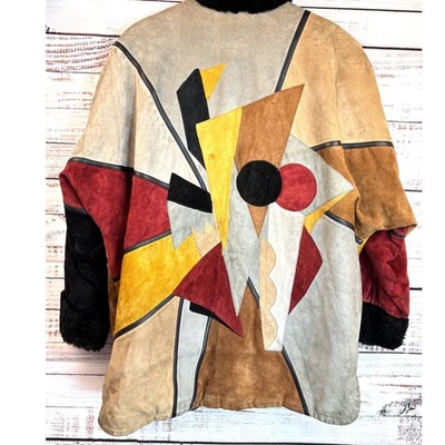 Chaqueta de Colección Años 80 Gamuza Cuero Retazos Cuello de Piel Arte Geométrico Tierra L OOK Foto 1 de 4