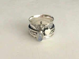 .925 STERLING SILVER PLATED MOONSTONE HEART WIDE BAND SPINNER RING MS369 SIZE 8 - Picture 1 of 1