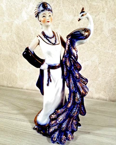 KPM Flapper Woman Peacock Porcelain Figurine W/ Stunning Gold Trim Large vtg - Picture 1 of 9