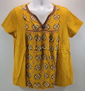 L2) St John's Bay Damen Bluse Shirt senffarben geschlitzt V-Ausschnitt Blumen XXL - Bild 1 von 7