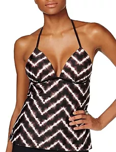Hula Honey BLACK/GREY Electric Tie-Dyed Push-Up Halter Tankini Top, US Large - Picture 1 of 4