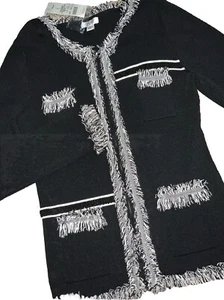 Cache Cardigan Sweater Womens Small Black White Frayed Trim Beaded Full Zip NEW - Picture 1 of 19