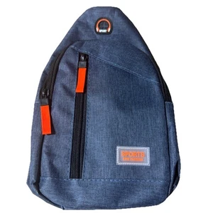 Blauer Sling Rucksack Umhängetasche Brusttasche Sport Daypack mit orangefarbenen Reißverschlüssen - Bild 1 von 4