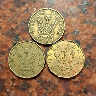 Moneda de tres peniques de Gran Bretaña 1937 (1 moneda por venta elegida al azar) #B7439 Foto 1 de 2
