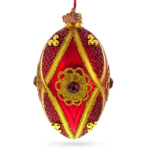 Red Jewel on Red Glass Egg Ornament 4 Inches - Picture 1 of 4