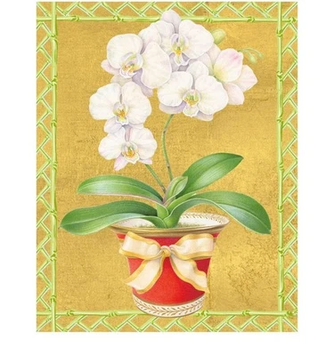 Caspari Petite Boxed Christmas Cards, White Orchid in Red Pot (105005) - Image 1 of 2