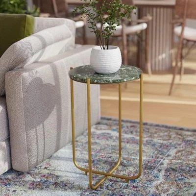  Urdhva End Table – 24" Tall Round Side Table with Real & Gold Green Marble Top - Image 1 of 4