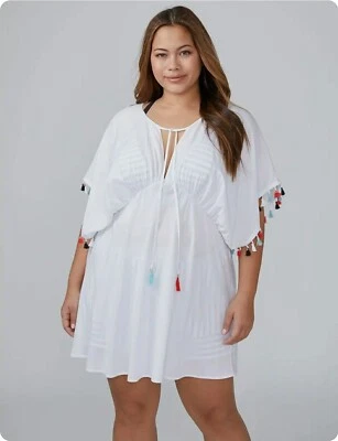 LANE BRYANT CACIQUE SWIM WHITE DOLMAN COVER-UP Dress Color TASSEL TRIM SZ 14/16 - Image 1 of 4