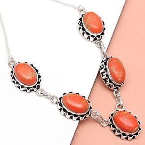 Red Coral Gemstone Mother's Day Handmade 925 Silver Jewelry Necklace 20 in