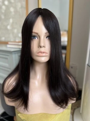 18" 7x9" Bonded On Natural Black  Lace Base Human Vigrin Hair Toppers - Image 1 of 4