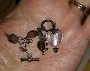 Vtg STERLING CHAIN & TOGGLE BRACELET W/MURANO GLASS HEART CHARM PEARLS & TOPAZ - Picture 1 of 5