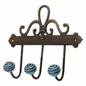  Antique Iron and Ceramic Wall 3 Hook Hangers Holder Hanging Coat Towel Clothes