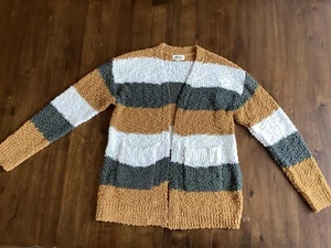 Suéter Cárdigan Adora Súper Suave Rayas Palomitas Puff Dorado Gris Blanco Talla Mediana - Imagen 1 de 11