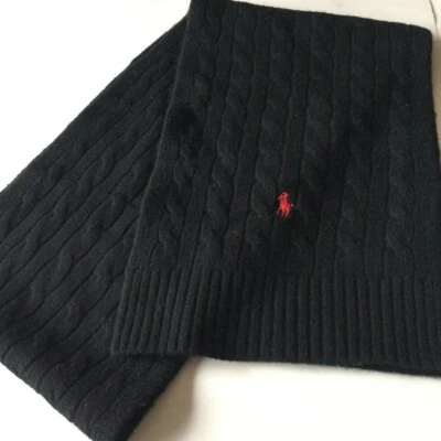 BUFANDA POLO RALPH LAUREN PARA HOMBRE LANA PUNTO CABLE NEGRO CON LOGO ROJO NUEVA SIN ETIQUETAS Foto 1 de 4