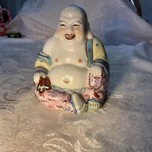 Vintage Chinese Famille Rose Porcelain Laughing Buddha Statue Figurine 6 Inches - Picture 1 of 9